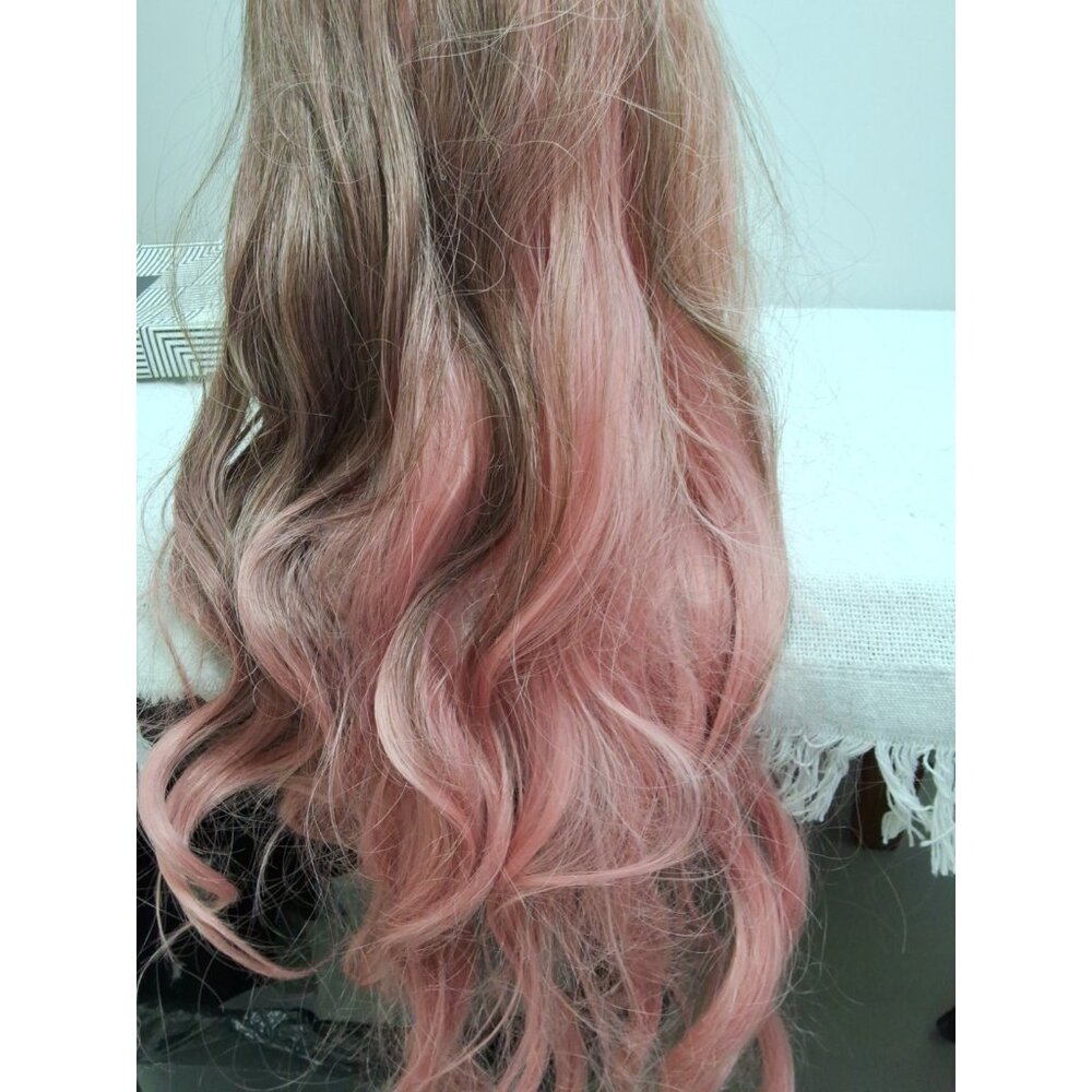 Wig OMBRE PINK MIX BROWN/ PINK ENDS 26" Long Soft Wavy Synthetic Cosplay